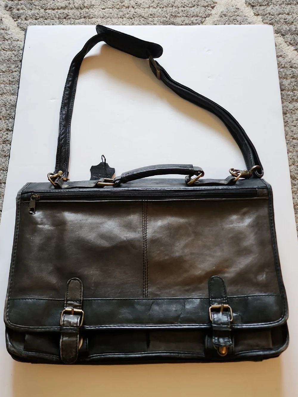 Vintage Leather Messenger Briefcase - Black